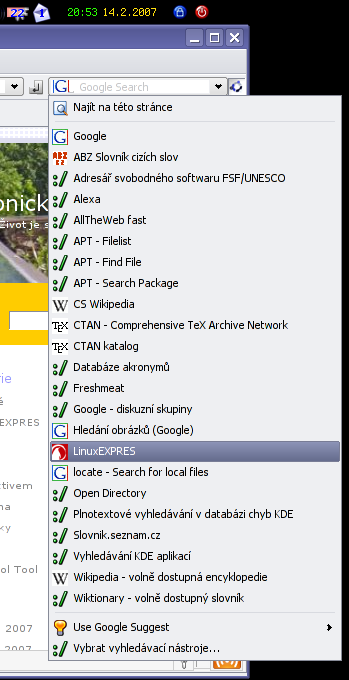 Nabídka vyhledávačů v Konqueroru