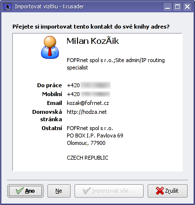 Importovat Milana do adresáře?